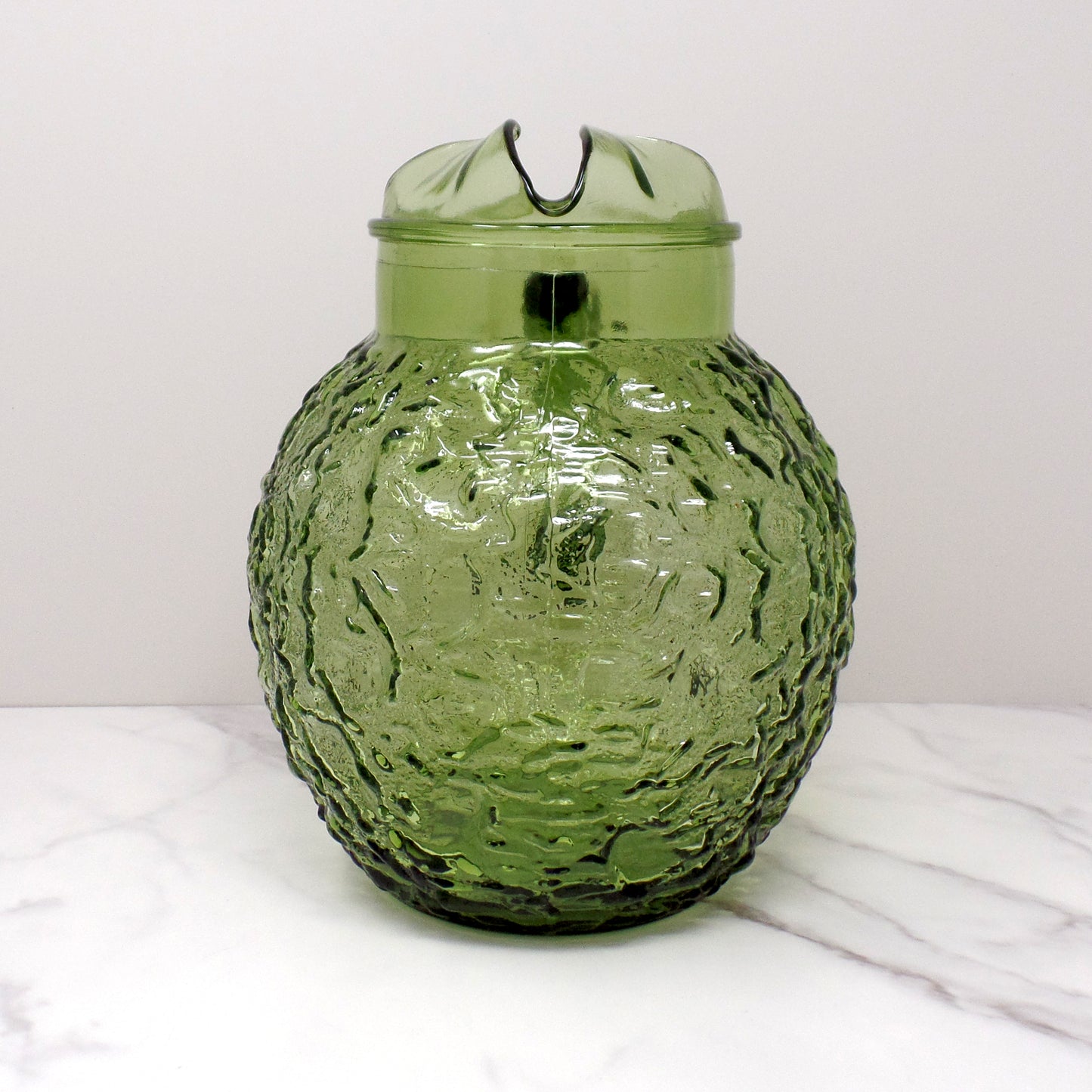 Vintage Anchor Hocking Lido Milano Glass Ball Pitcher, Avocado Green (1960s)