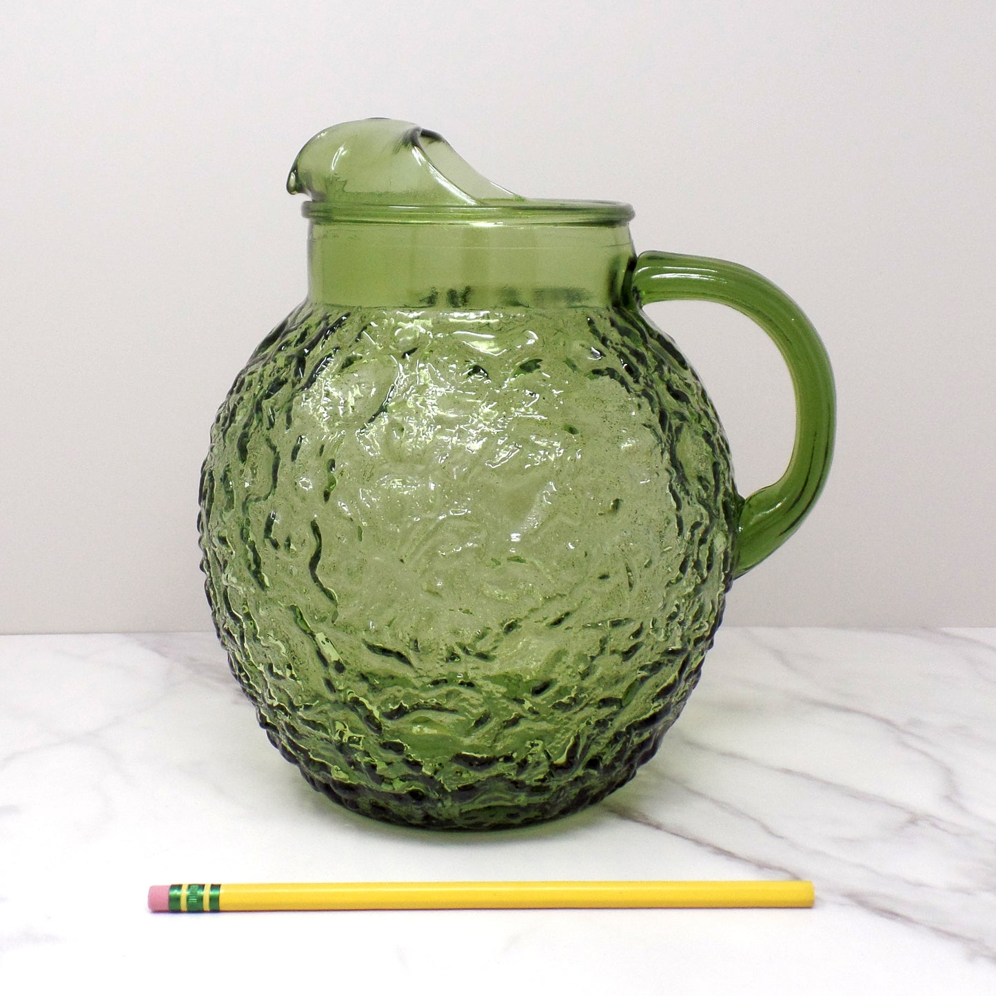 Vintage Anchor Hocking Lido Milano Glass Ball Pitcher, Avocado Green (1960s)