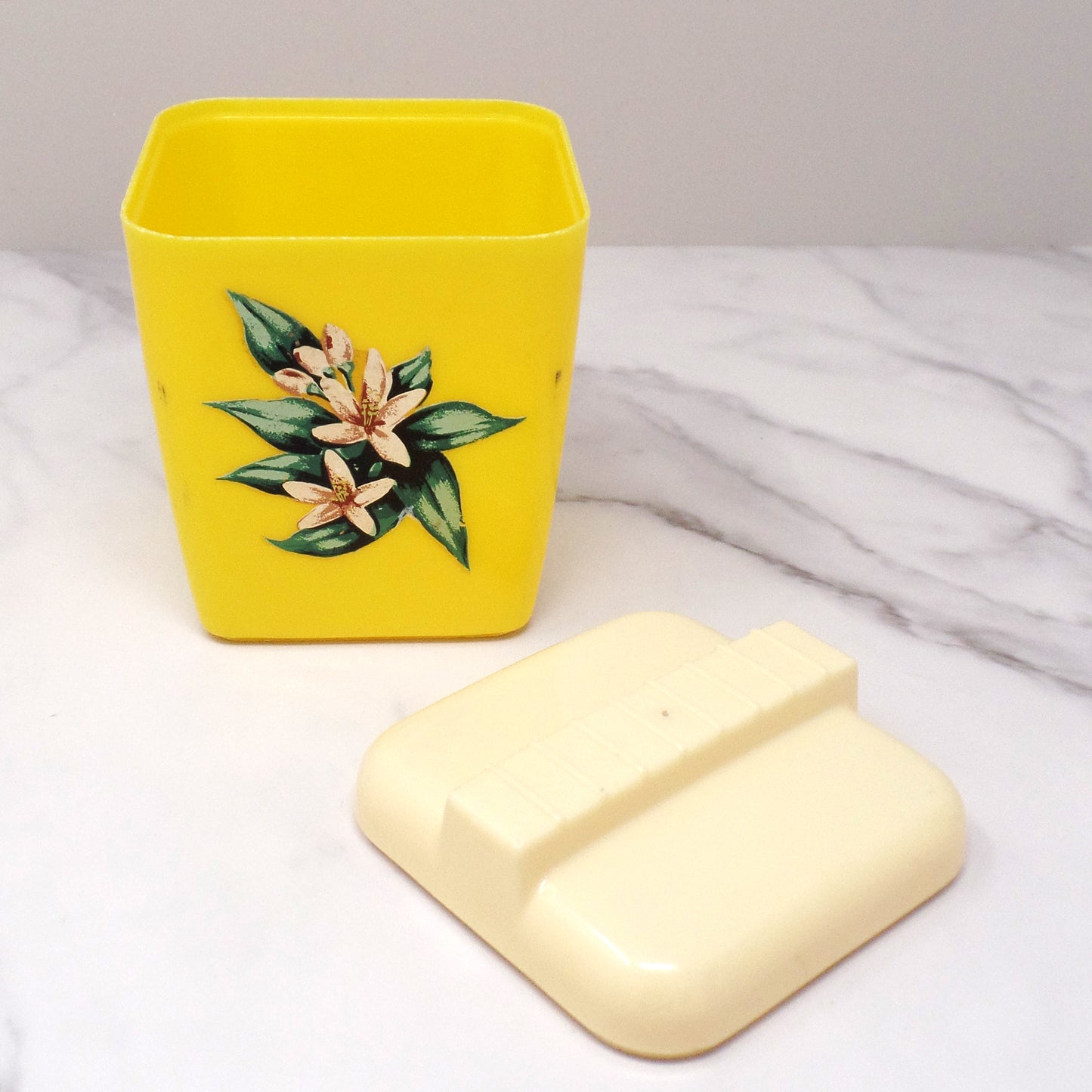 Vintage Burroughs Burrite Yellow Plastic Canister (312) with Floral Pattern (1950s)