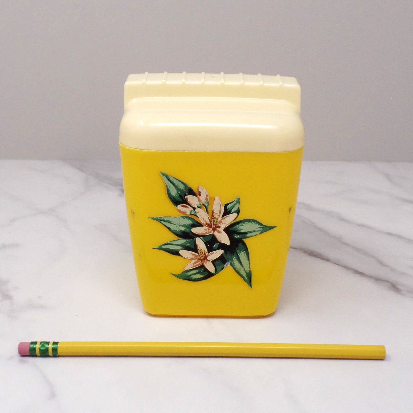 Vintage Burroughs Burrite Yellow Plastic Canister (312) with Floral Pattern (1950s)