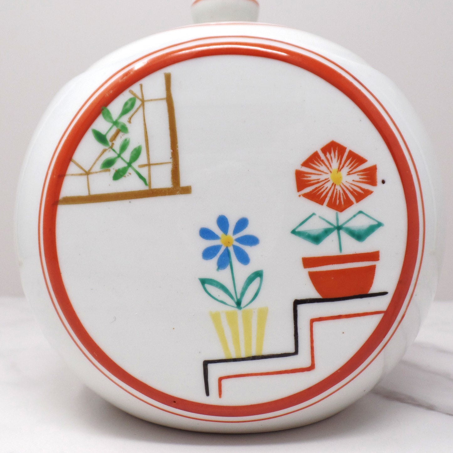 Vintage Japanese Ceramic Sugar Bowl, Flowers on Steps (1940s)