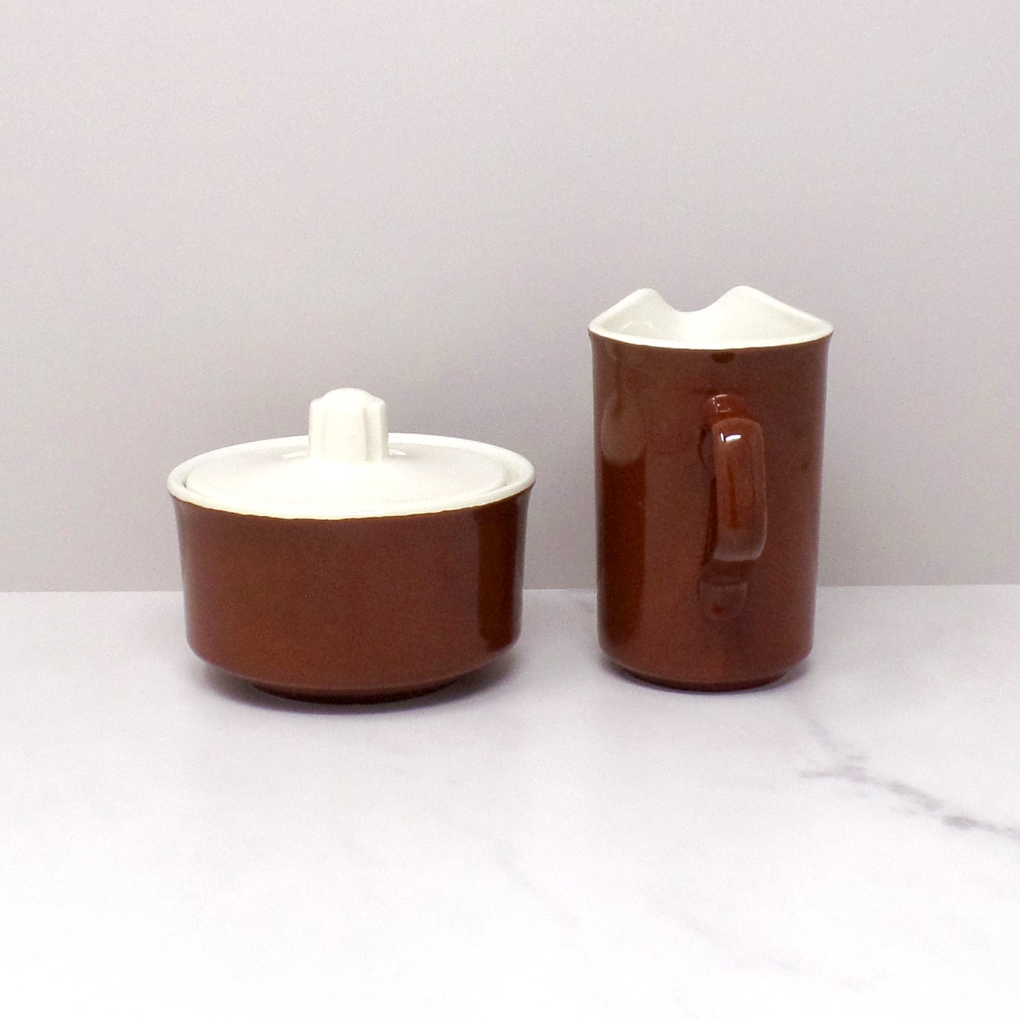 Vintage Brown & Ivory Ceramic Cream and Sugar Set - Mid-Century Modern, Made in USA (1960s)