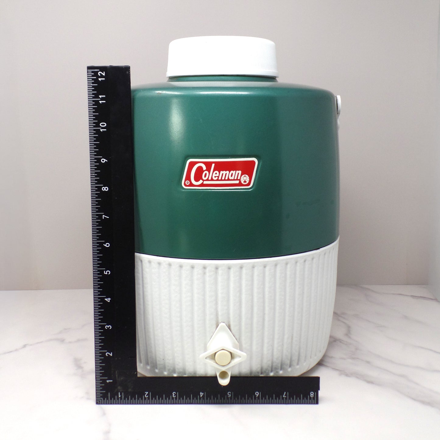 Vintage Coleman 2 Gallon Green & White Water Dispenser Thermos Jug Cooler with Enclosed Cup (1970s-80s)