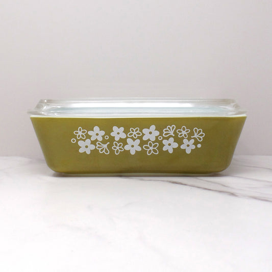 Vintage Pyrex Refrigerator Dish (1.5 Qt / model 503) with Glass Lid - Spring Blossom Green (aka Crazy Daisy)