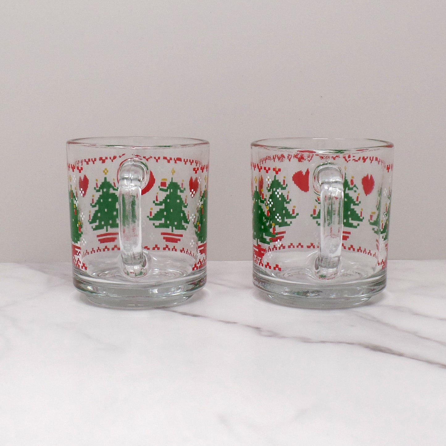 Vintage Anchor Hocking Glass Mug, CHD Cross-Stitch / Pixelated Christmas - Set of 2 (1984)
