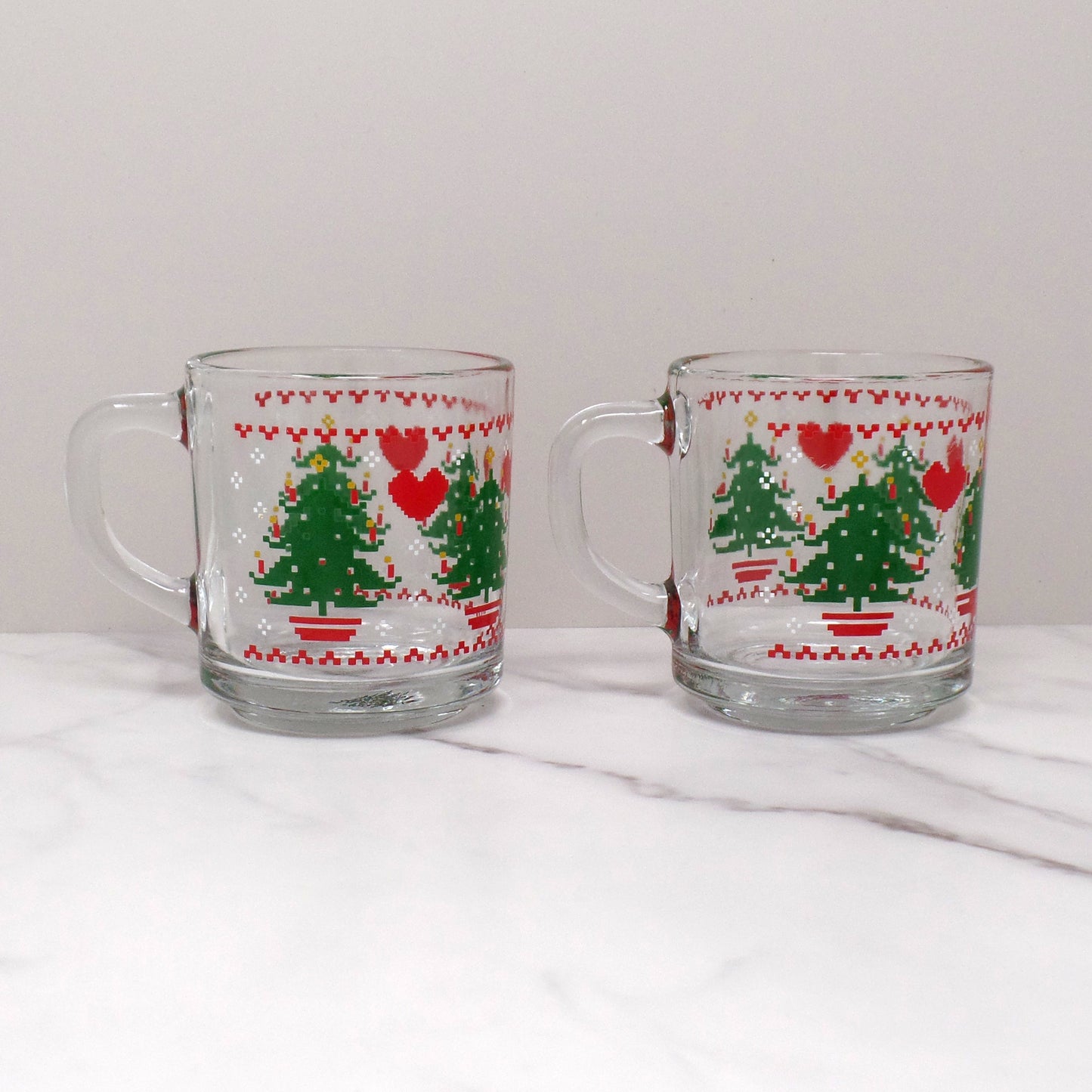 Vintage Anchor Hocking Glass Mug, CHD Cross-Stitch / Pixelated Christmas - Set of 2 (1984)