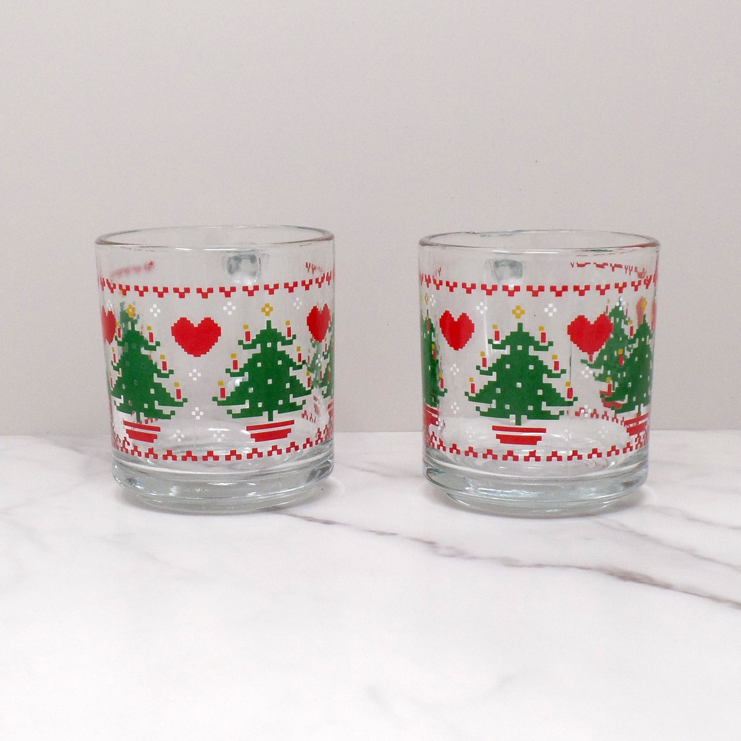 Vintage Anchor Hocking Glass Mug, CHD Cross-Stitch / Pixelated Christmas - Set of 2 (1984)