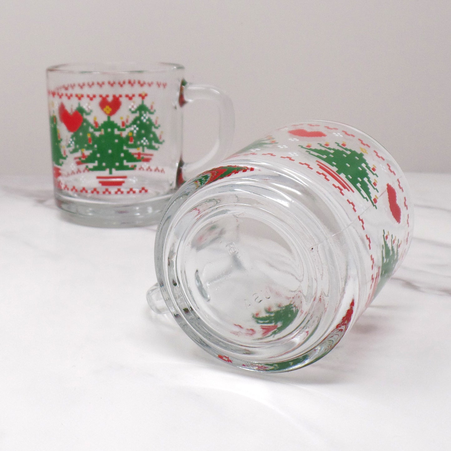 Vintage Anchor Hocking Glass Mug, CHD Cross-Stitch / Pixelated Christmas - Set of 2 (1984)
