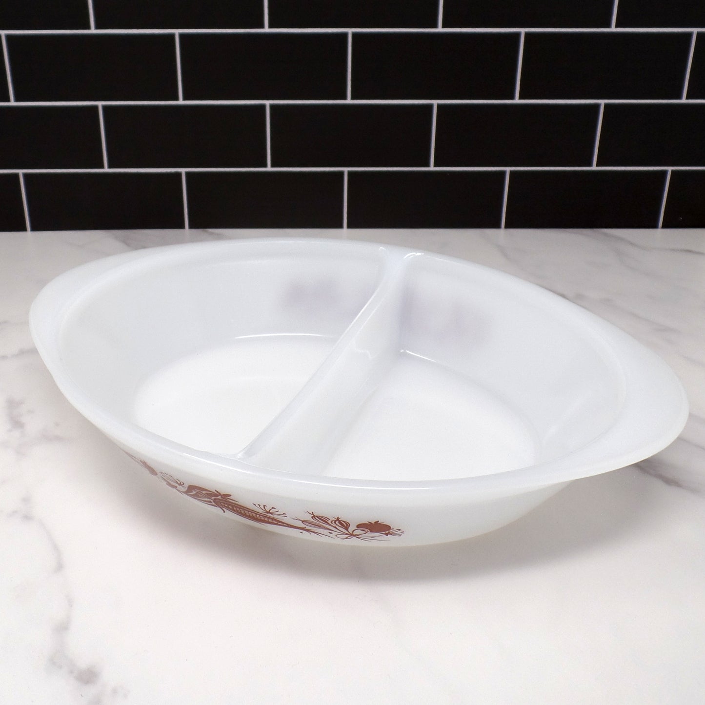 Vintage Glasbake Divided Casserole Dish (J-2352) - Brown Vegetable Medley (1961-83)