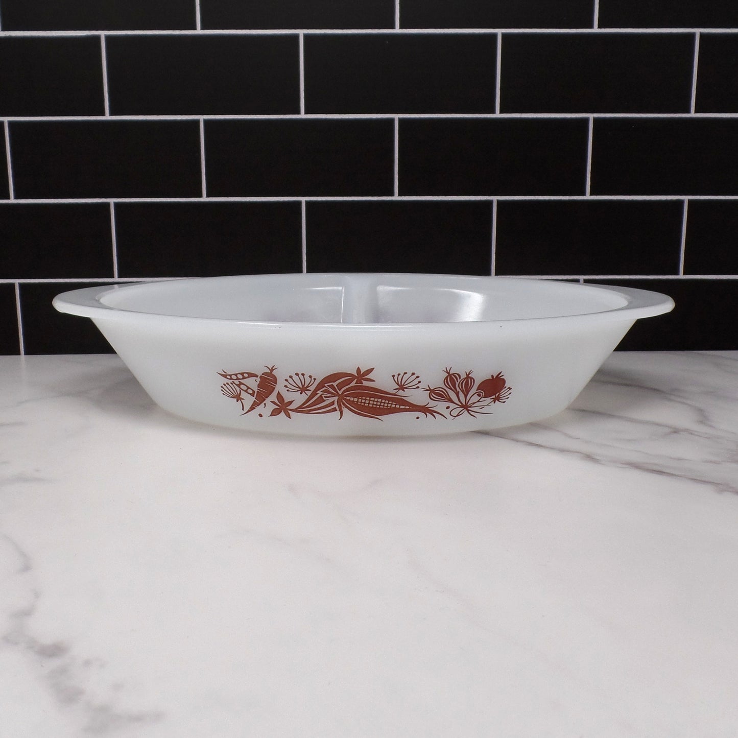 Vintage Glasbake Divided Casserole Dish (J-2352) - Brown Vegetable Medley (1961-83)