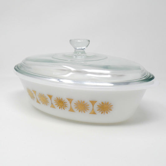 Vintage Glasbake 1 Qt. Oval Casserole with Glass Lid - Gold Sunburst, Made in the USA