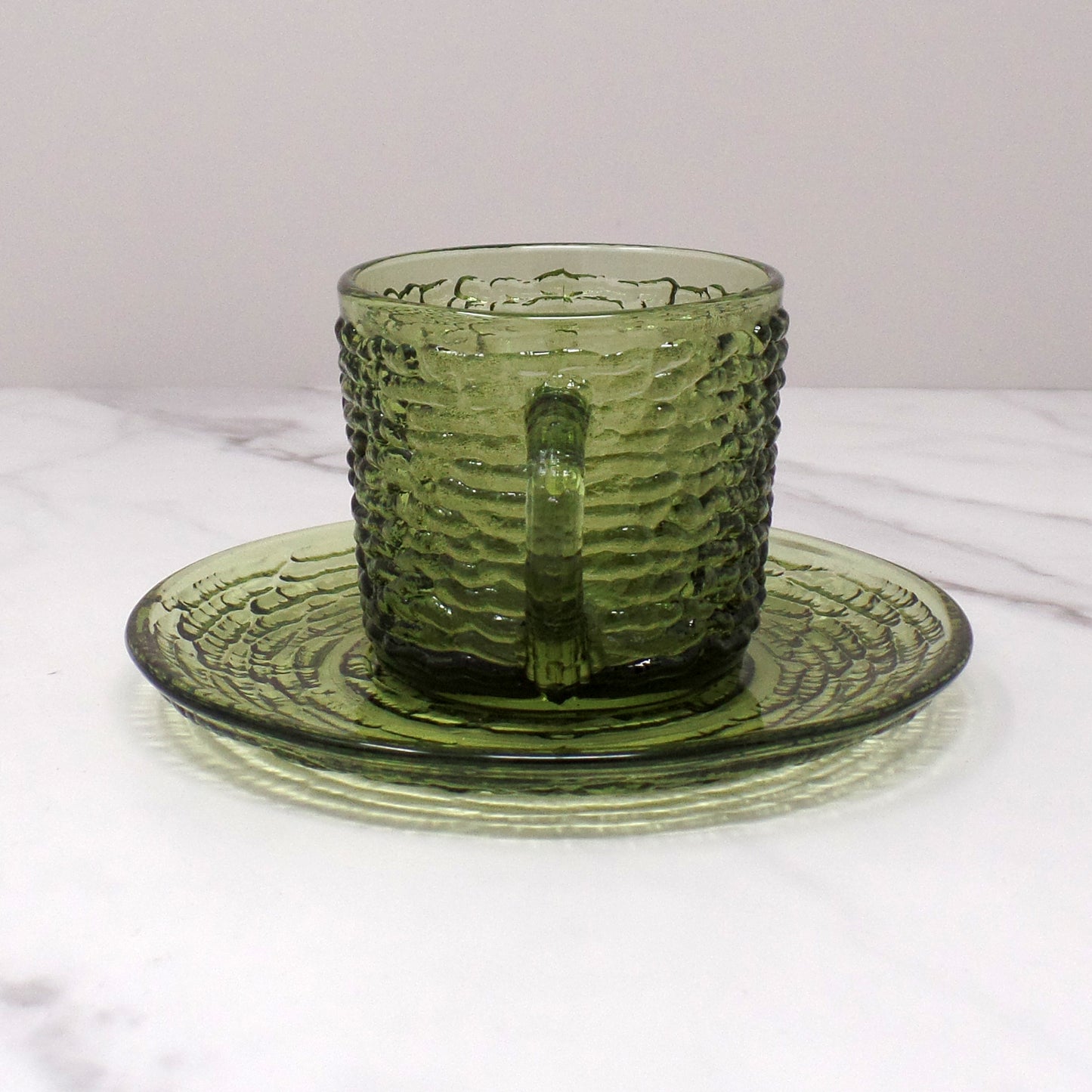 Vintage Anchor Hocking Soreno Avocado Green Glass Cup & Saucer, 6 oz (1966-70)
