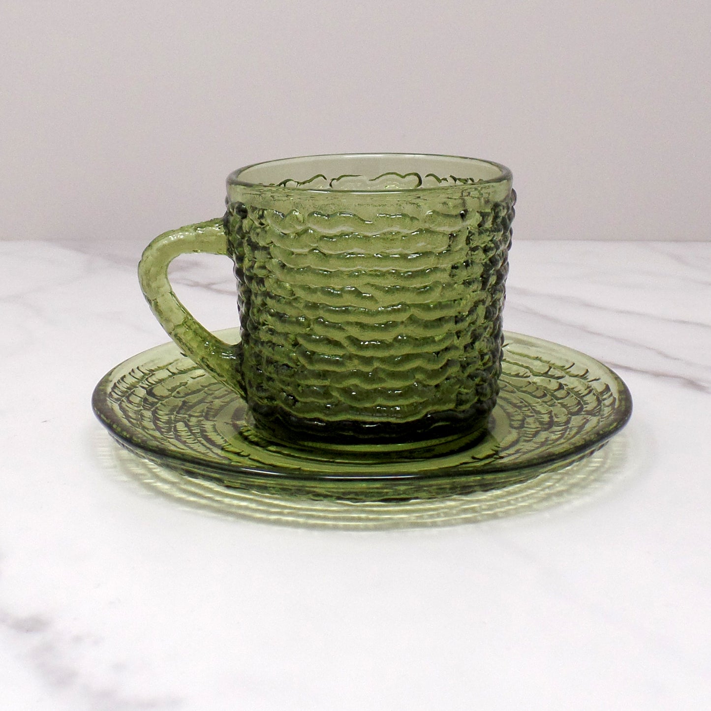 Vintage Anchor Hocking Soreno Avocado Green Glass Cup & Saucer, 6 oz (1966-70)