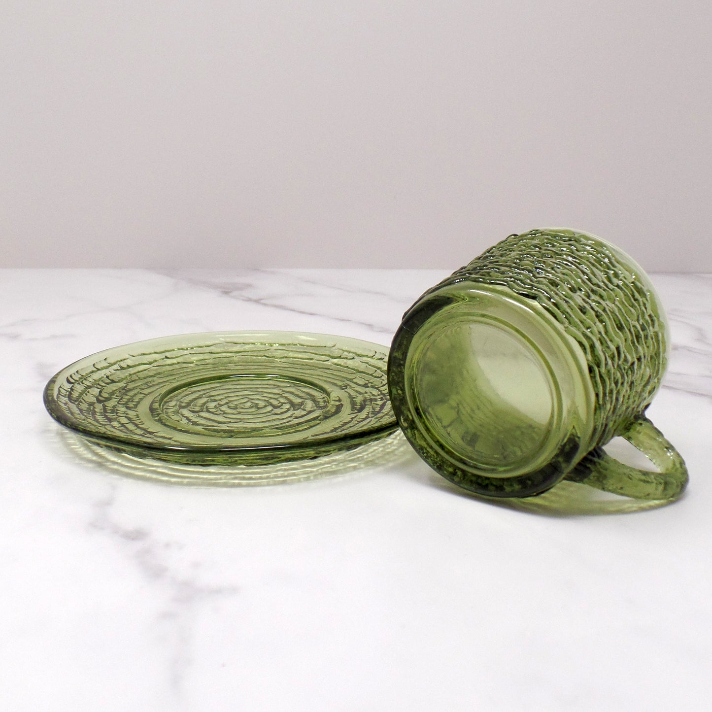 Vintage Anchor Hocking Soreno Avocado Green Glass Cup & Saucer, 6 oz (1966-70)