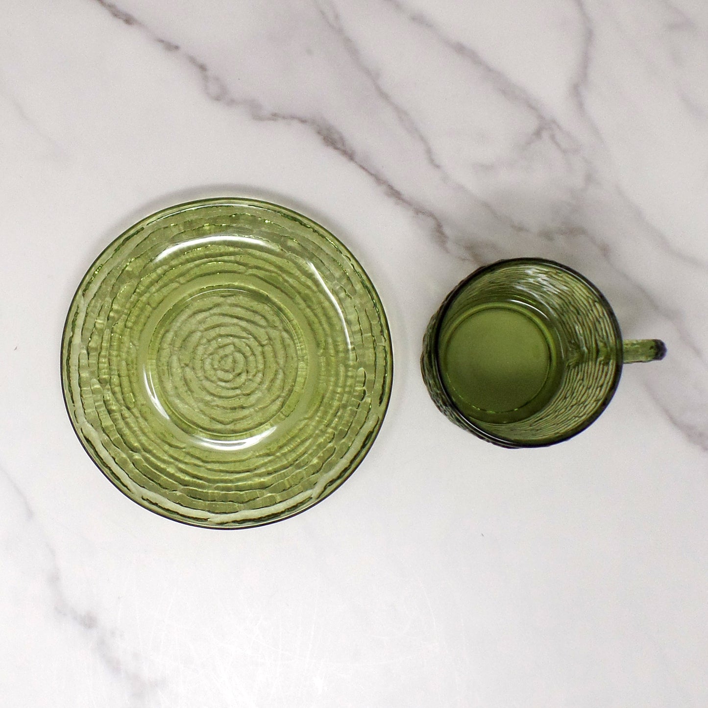 Vintage Anchor Hocking Soreno Avocado Green Glass Cup & Saucer, 6 oz (1966-70)