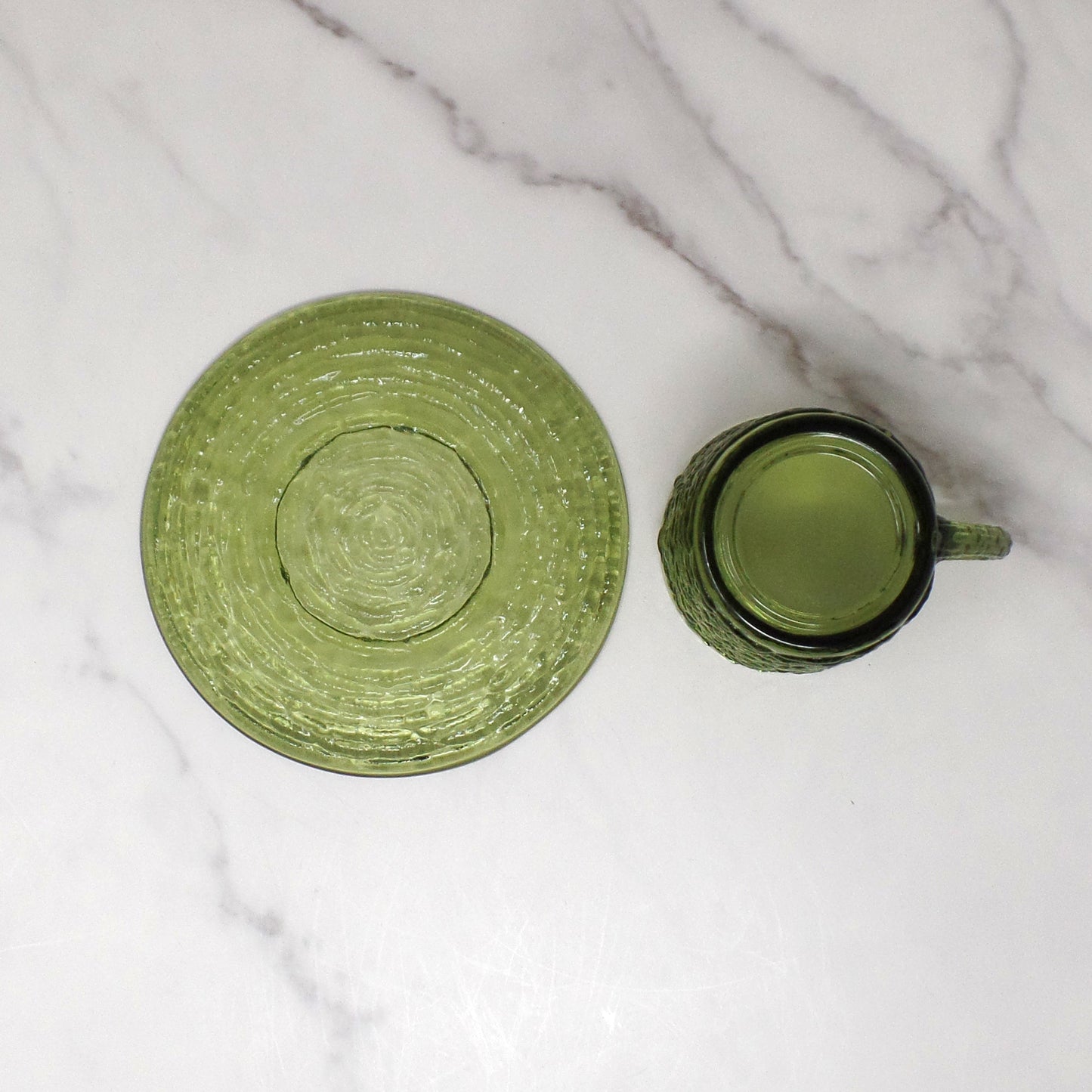 Vintage Anchor Hocking Soreno Avocado Green Glass Cup & Saucer, 6 oz (1966-70)