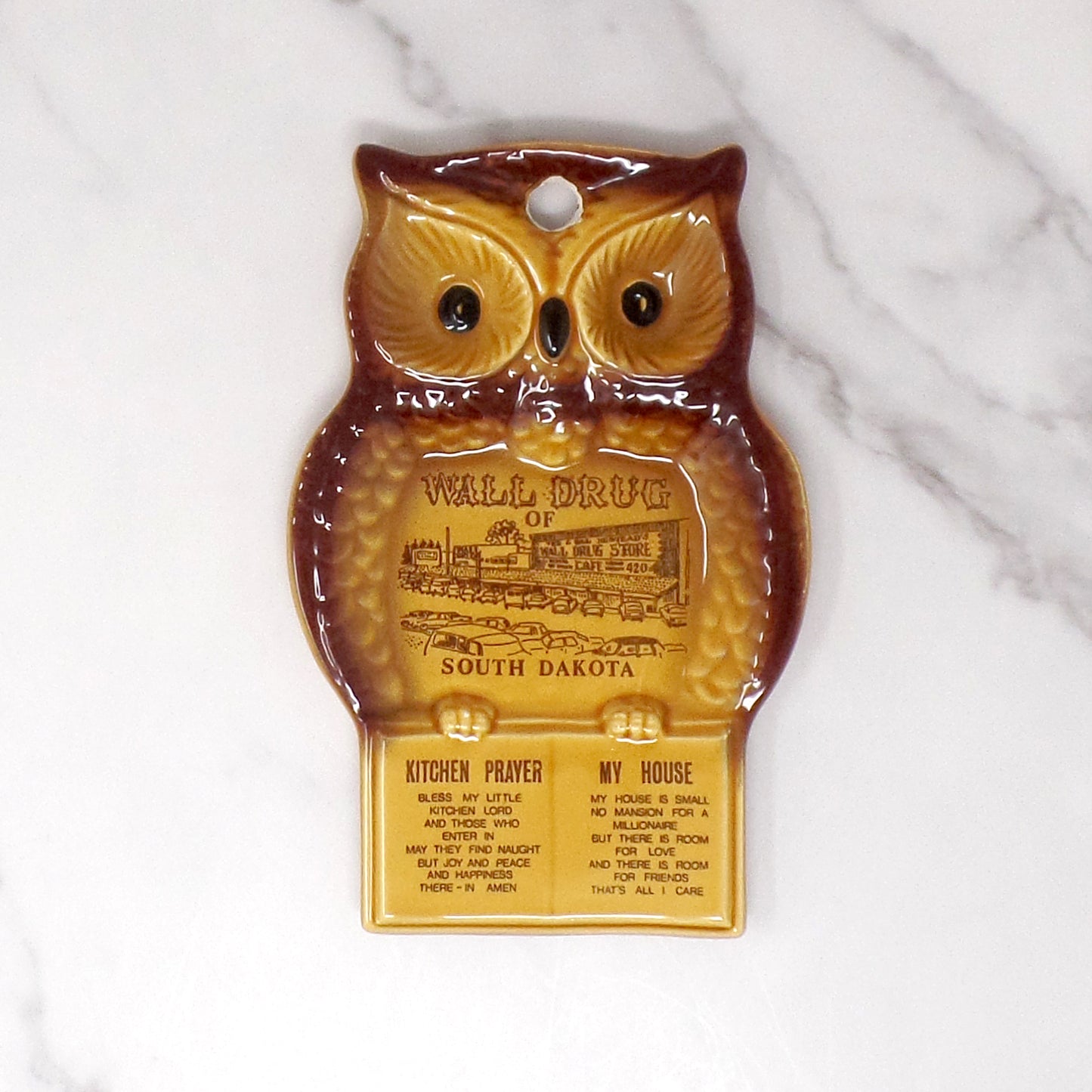 Vintage Ceramic Owl Kitchen Wall Hanging / Spoon Rest - Wall Drug of South Dakota (1970s)