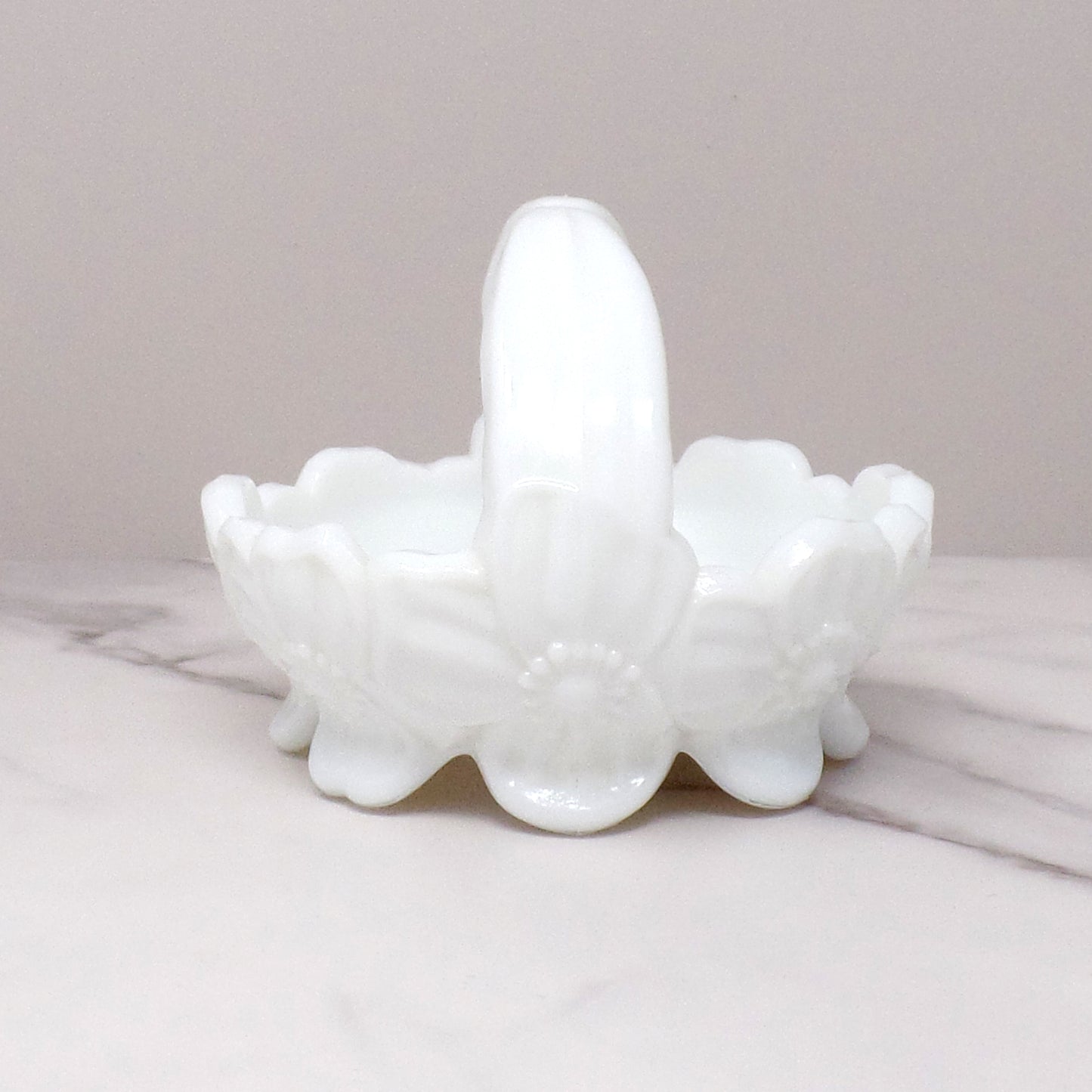 Vintage Westmoreland Milk Glass Dogwood Flower Basket / Split-Handled Candy Dish (1950-1975)