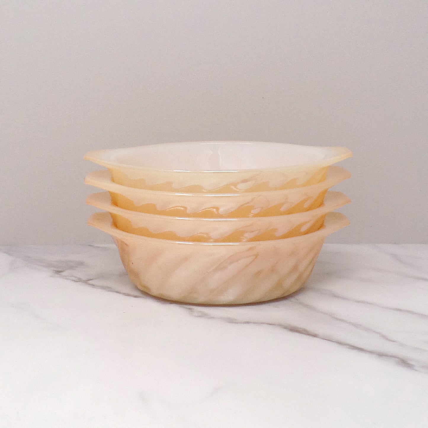 Vintage Fire King Small Individual 8 oz Casserole / Baking Dish - Peach Lustre Swirl, Set of 4 (mid-1960 - mid-1970s)