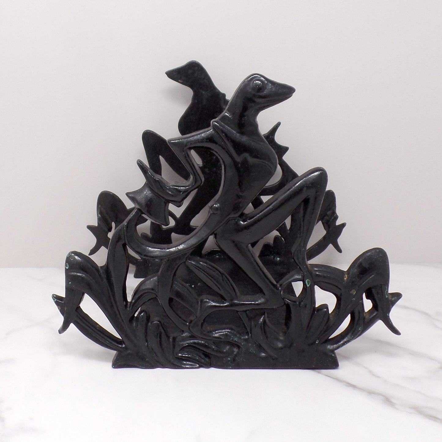 Vintage Dancing Frogs Cast Iron Art Deco Fishbowl Stand / Rack (1920s-1930s)