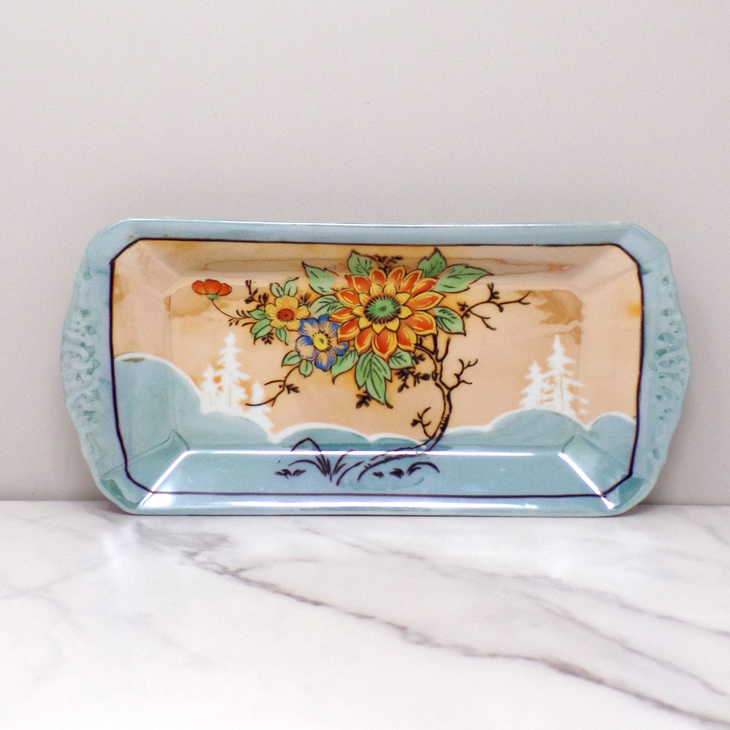 Vintage Hand-Painted Japanese Ceramic Tray, Floral Bouquet, Peach and Blue (1960s)