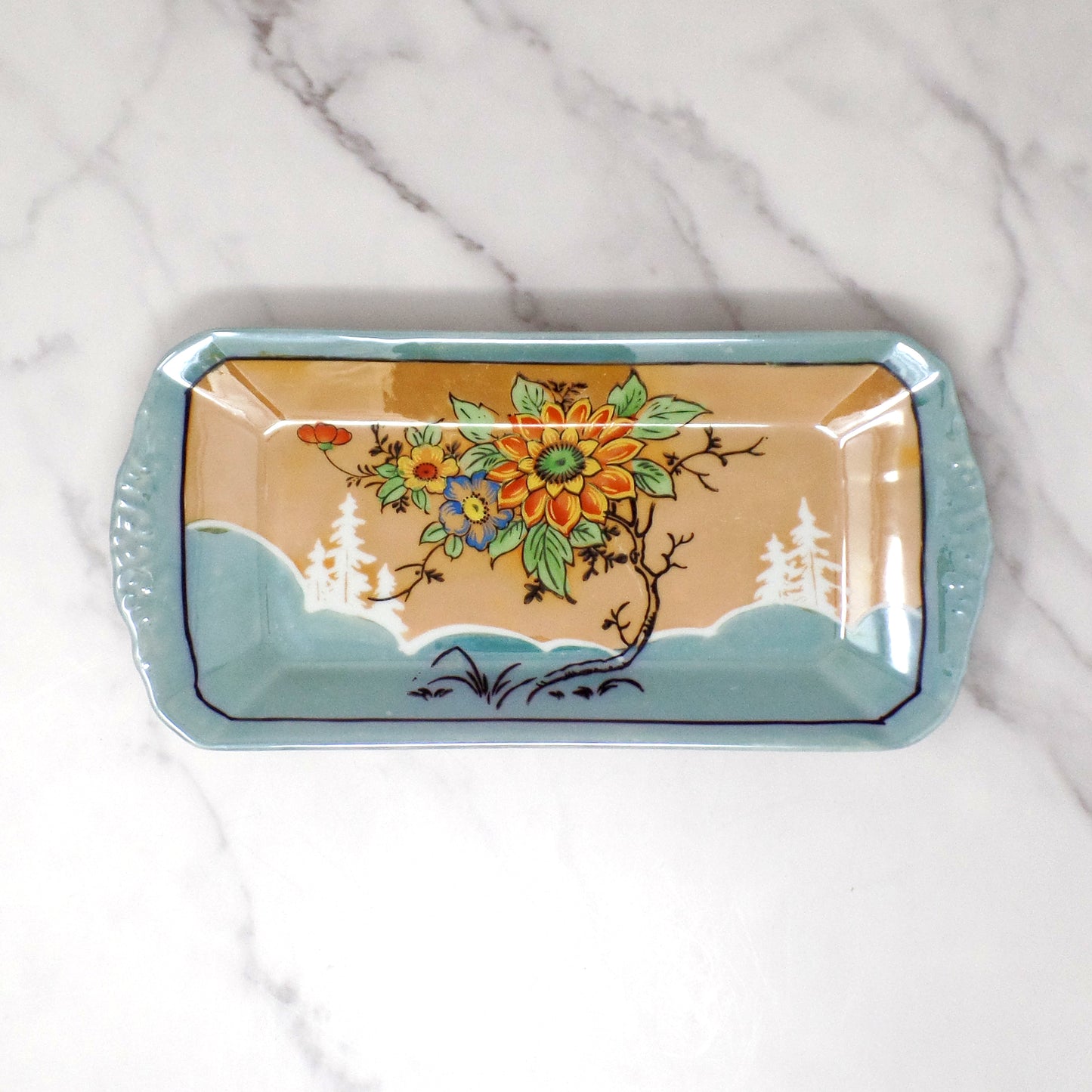 Vintage Hand-Painted Japanese Ceramic Tray, Floral Bouquet, Peach and Blue (1960s)