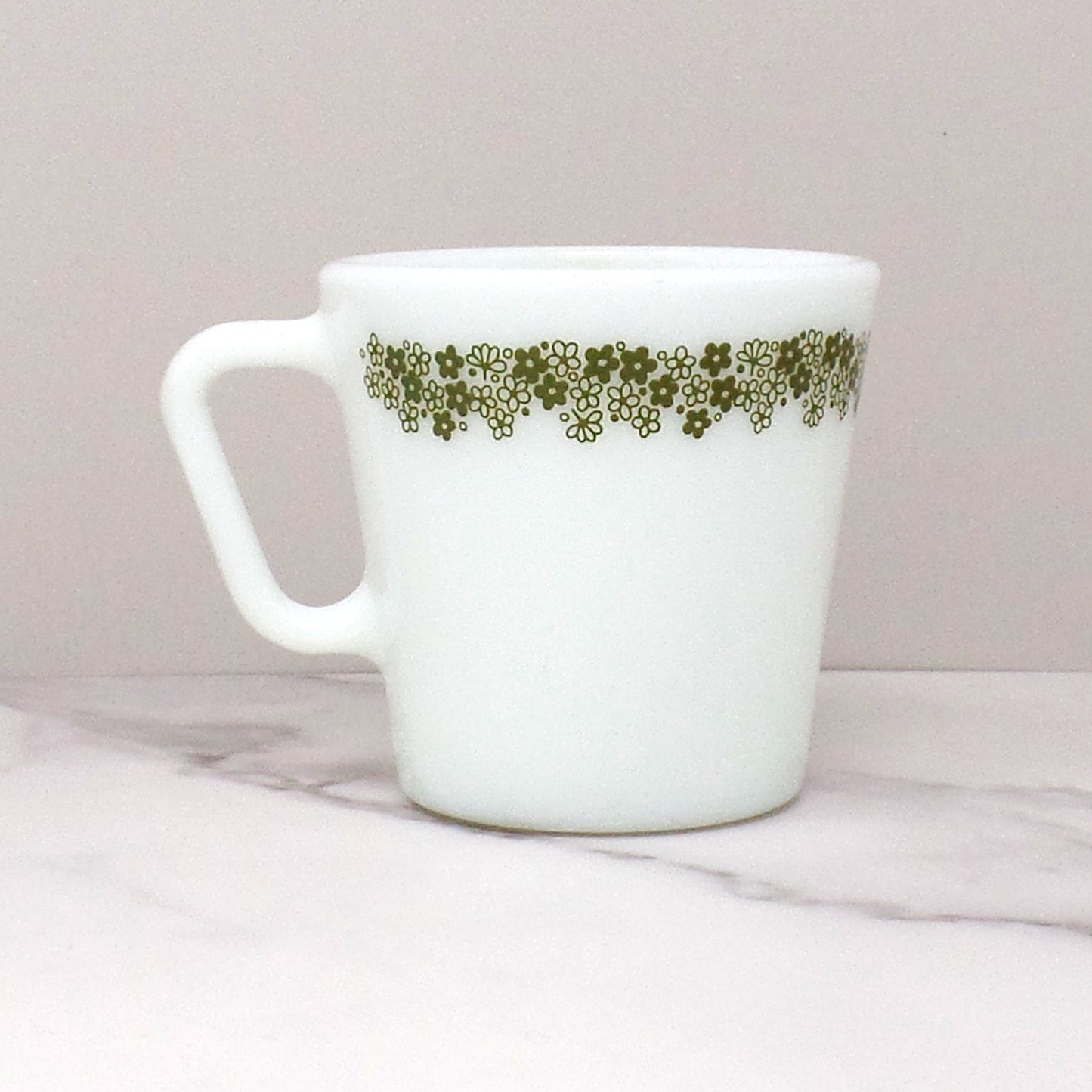 Vintage Pyrex 1410 Diagonal Handle Coffee Mug, Spring Blossom Green (1970s)
