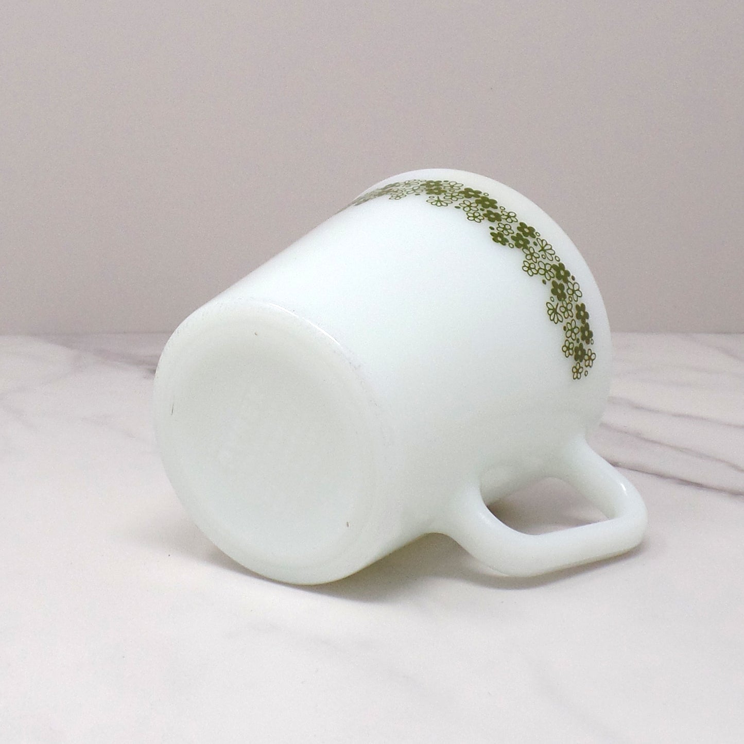 Vintage Pyrex 1410 Diagonal Handle Coffee Mug, Spring Blossom Green (1970s)