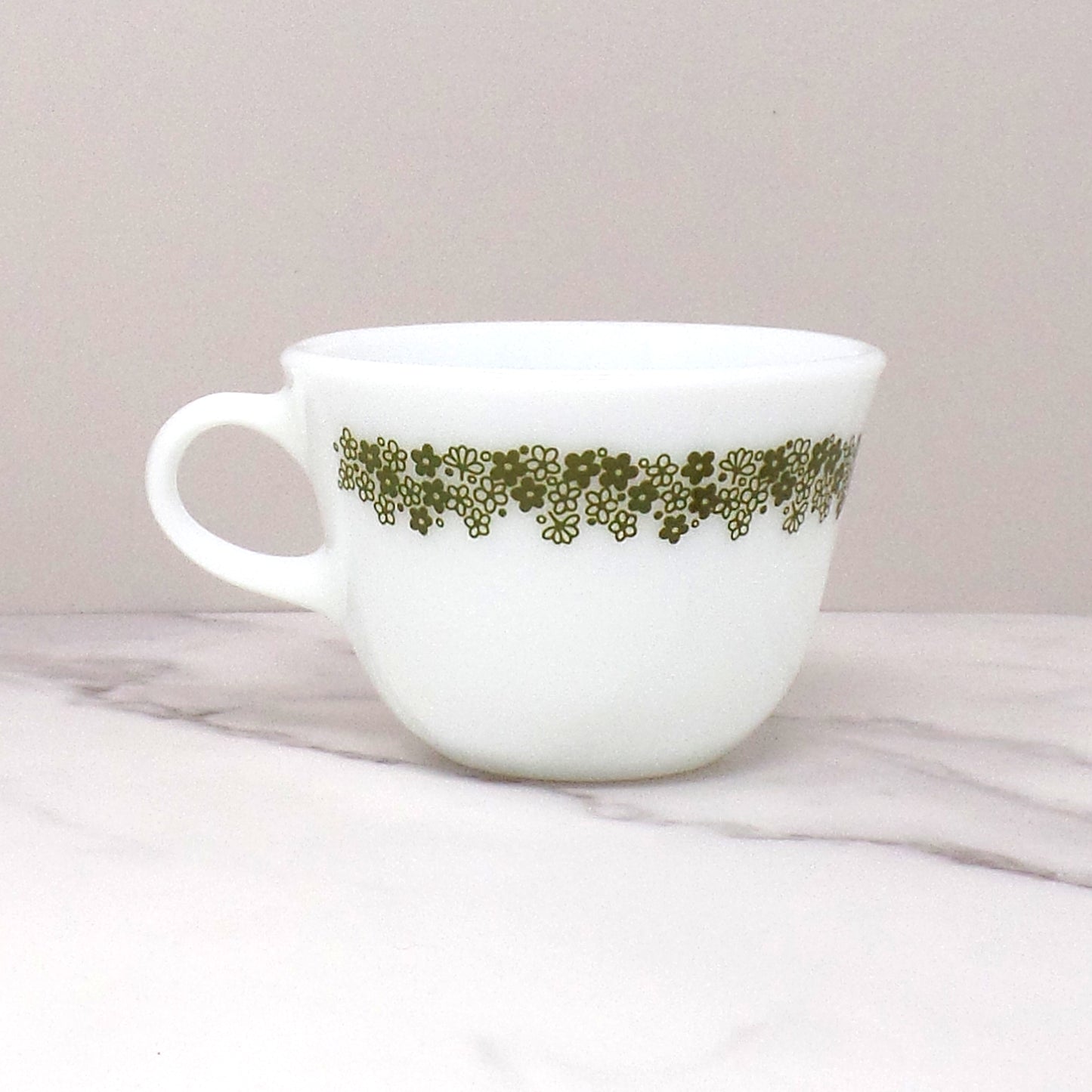 Vintage Pyrex C-Handle Coffee Mug / Tea Cup, Spring Blossom Green (1970s)