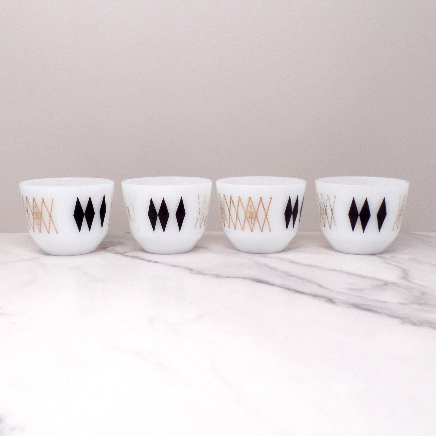 Federal Glass 6 oz Custard Cups, Black Diamonds / Atomic Harlequin, set of 4 (1960s)