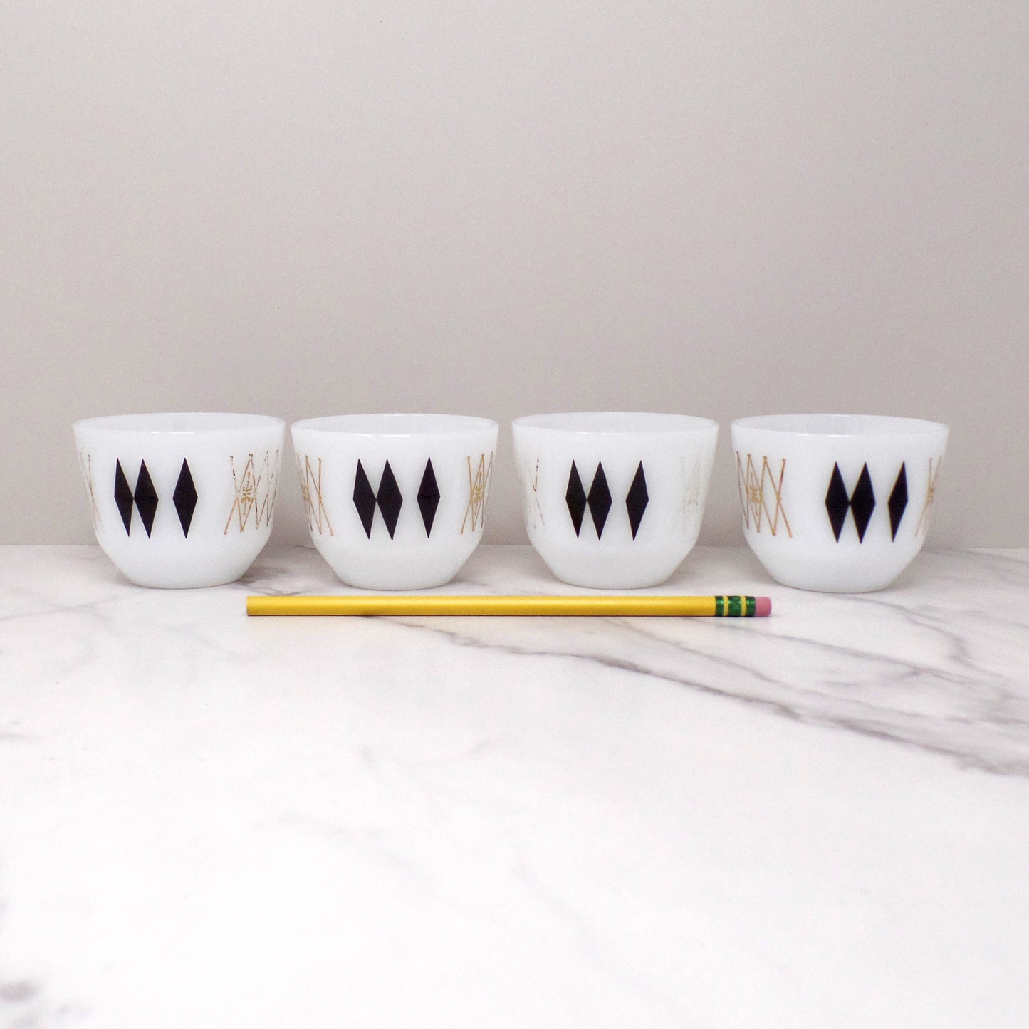 Federal Glass 6 oz Custard Cups, Black Diamonds / Atomic Harlequin, set of 4 (1960s)