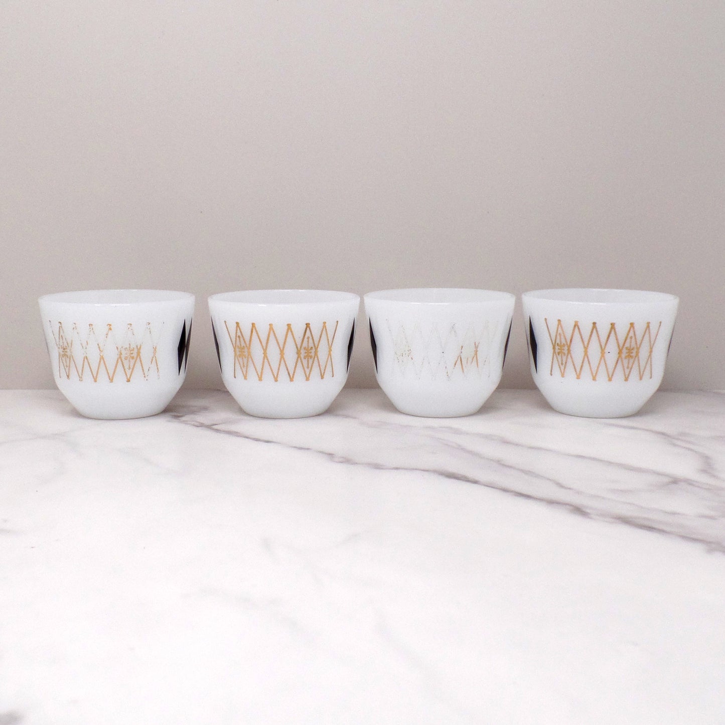 Federal Glass 6 oz Custard Cups, Black Diamonds / Atomic Harlequin, set of 4 (1960s)
