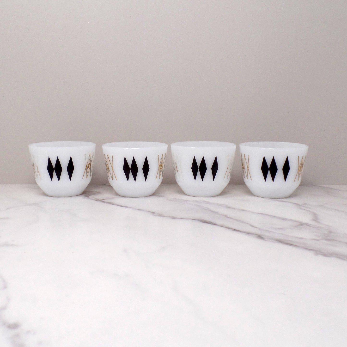 Federal Glass 6 oz Custard Cups, Black Diamonds / Atomic Harlequin, set of 4 (1960s)