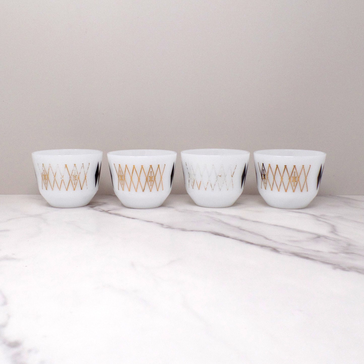 Federal Glass 6 oz Custard Cups, Black Diamonds / Atomic Harlequin, set of 4 (1960s)