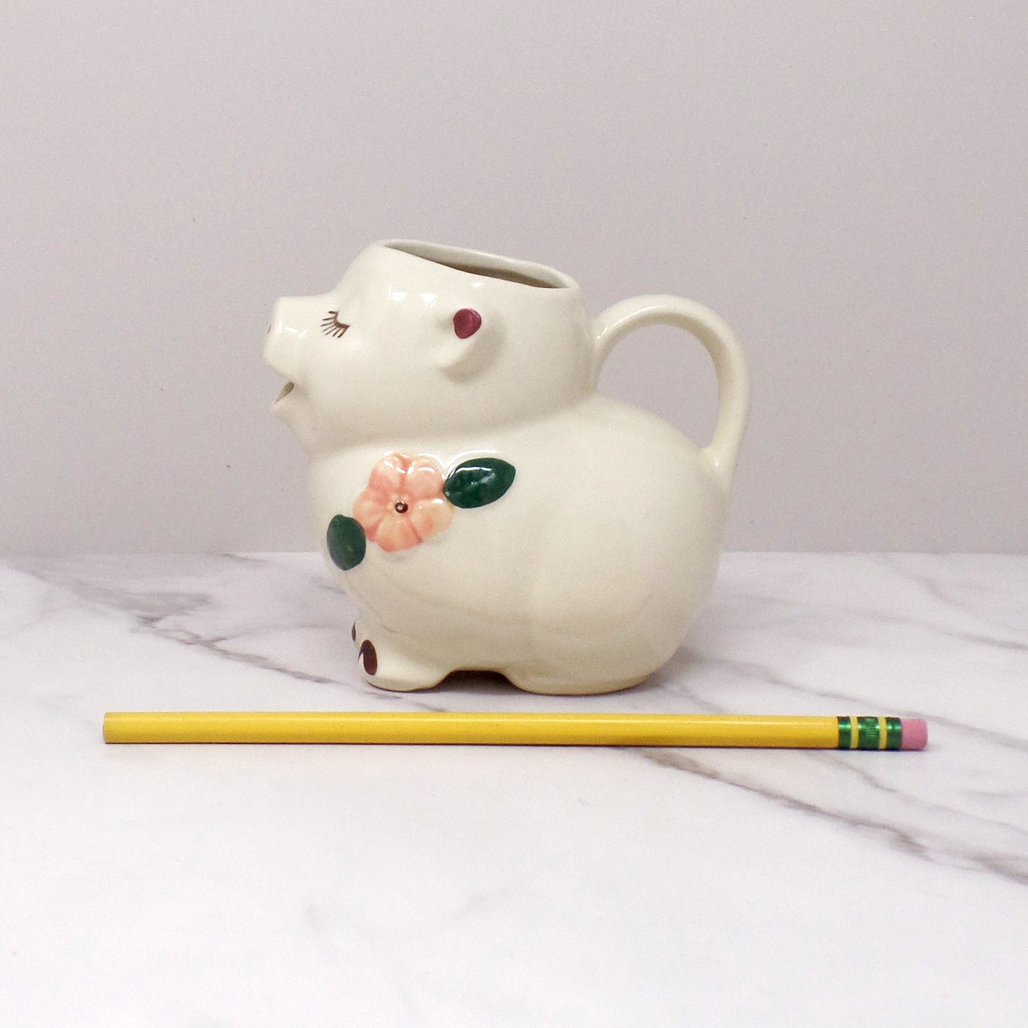 Vintage Shawnee Pottery Smiley Pig Creamer, Peach Flower (1940s-50s)