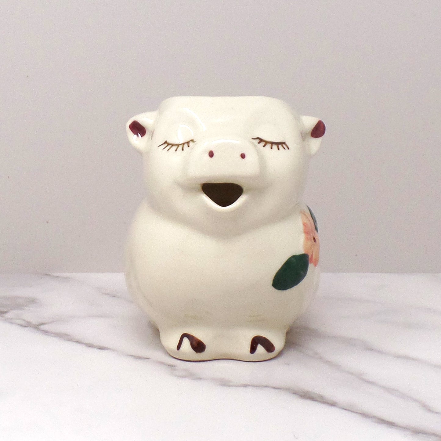 Vintage Shawnee Pottery Smiley Pig Creamer, Peach Flower (1940s-50s)