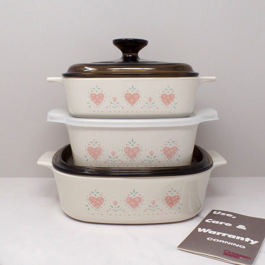 Vintage Corningware Set of 3 Casseroles (1, 1 /2, 2 Qt) with Lids and Original Instruction Book - Forever Yours (1990-94)