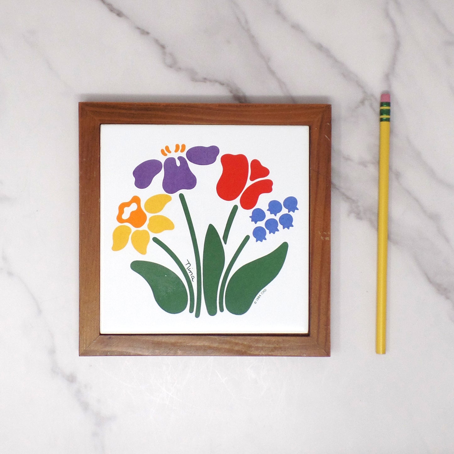 Vintage Nina Floral Trivet / Wall Hanging, Ceramic and Wood, CHD (1984)