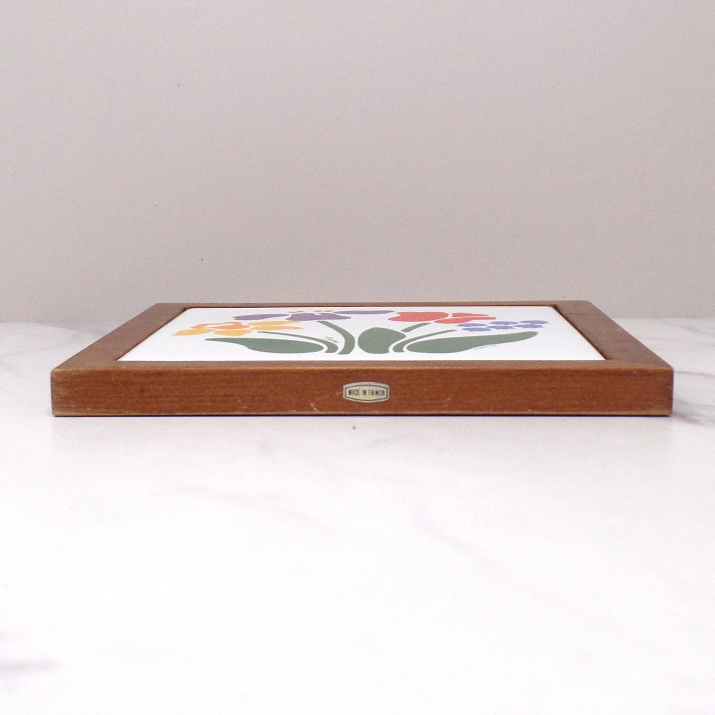 Vintage Nina Floral Trivet / Wall Hanging, Ceramic and Wood, CHD (1984)