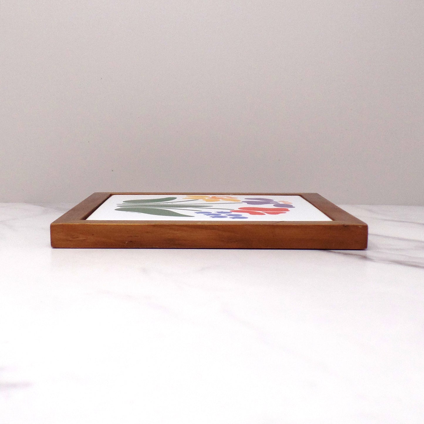 Vintage Nina Floral Trivet / Wall Hanging, Ceramic and Wood, CHD (1984)