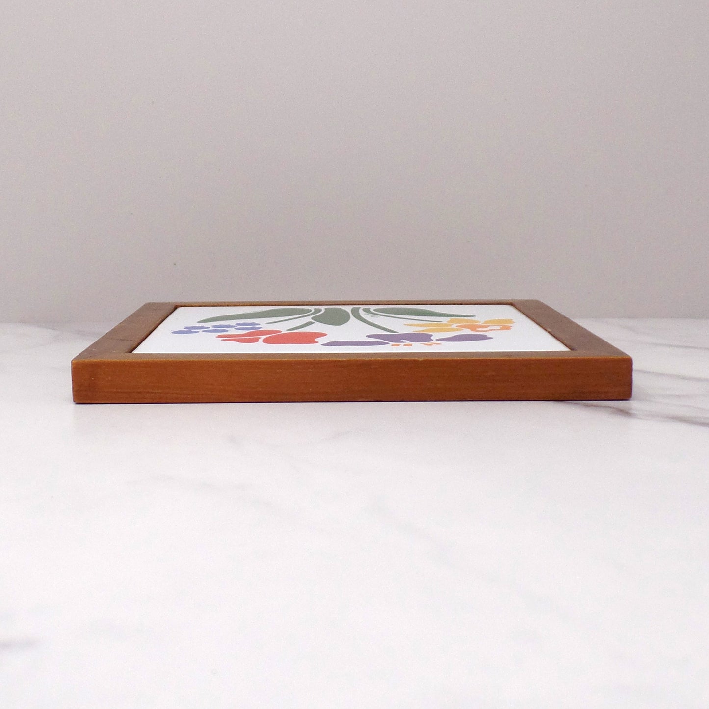 Vintage Nina Floral Trivet / Wall Hanging, Ceramic and Wood, CHD (1984)