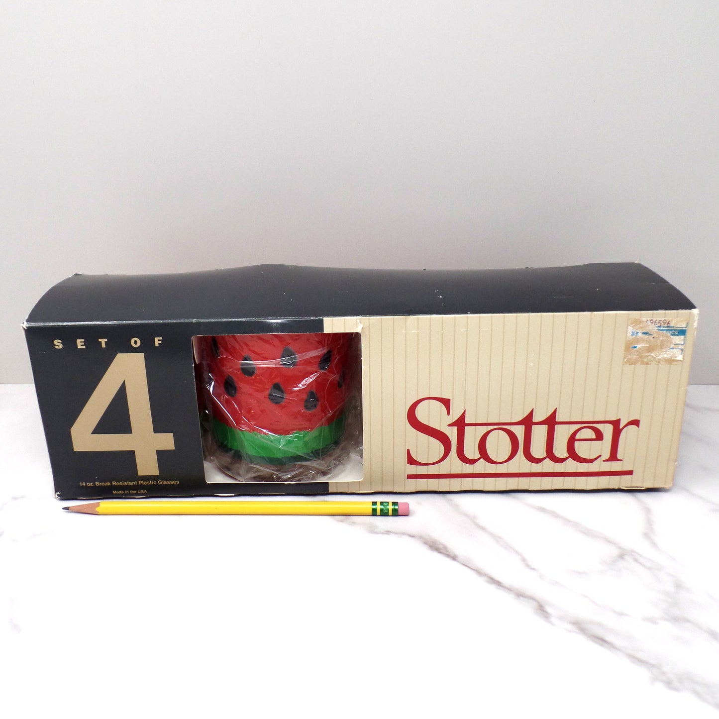 Vintage Acrylic Stotter Watermelon Tumblers, set of 4, In Original Box (1980s)