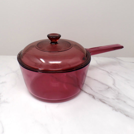 Vintage Corning Visions, 1.5 Qt Saucepan with Lid, Cranberry (1996)
