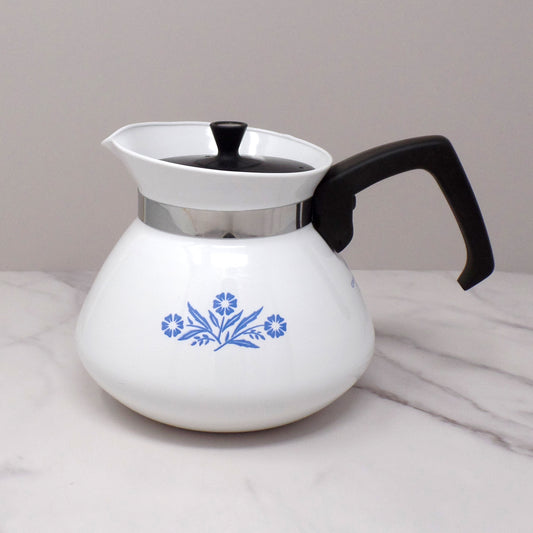 Vintage Corningware P-104 6 cup Teapot with Black Plastic Lid, Blue Cornflower (1970s-80s)