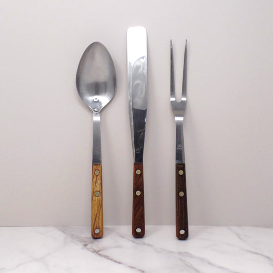 Vintage Maid of Honor Wooden Handle Stainless Steel Utensil Set of 3 - Spoon, Icing Spatula, Fork (1950-60s)