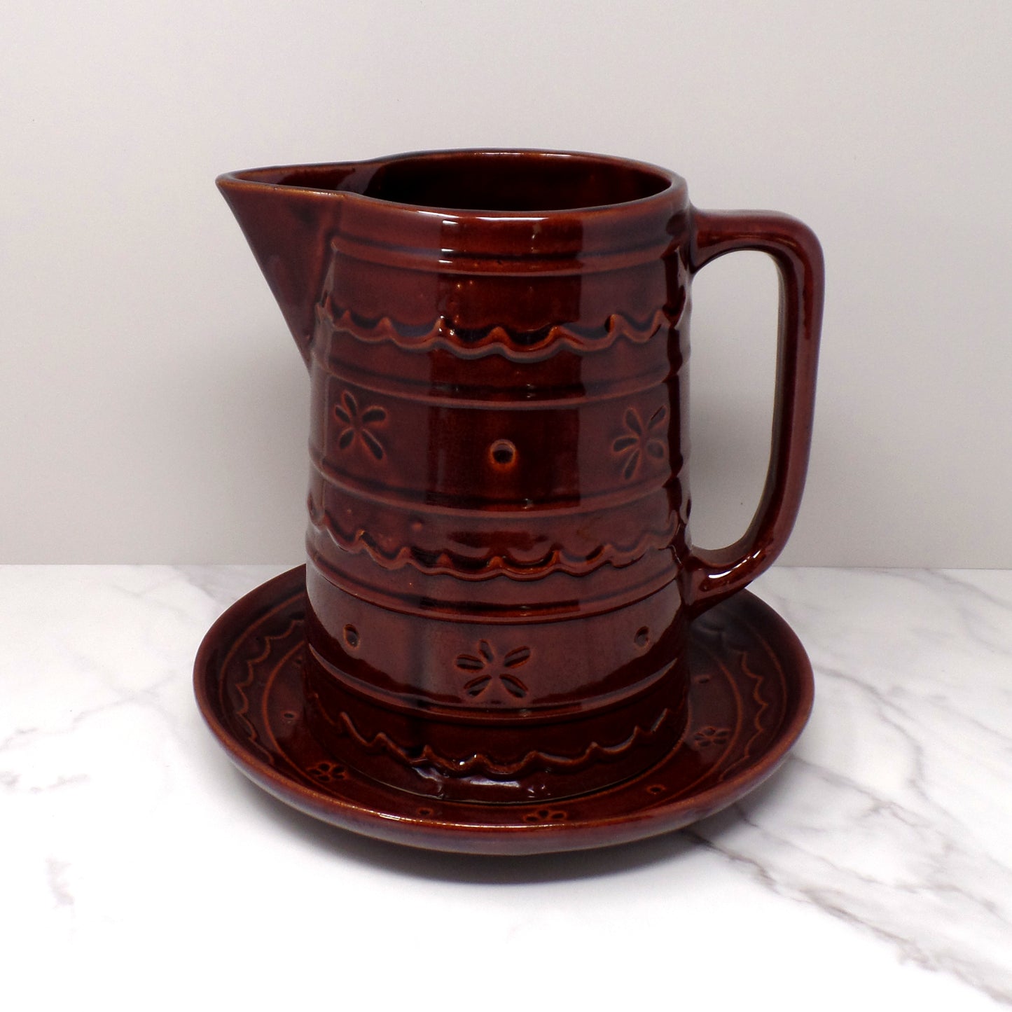 Vintage Marcrest Ceramic Pitcher and Underplate, Brown Daisy and Dot (1950s)