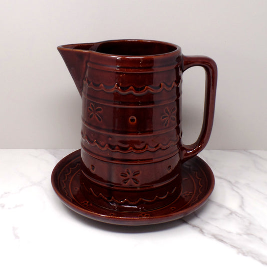 Vintage Marcrest Ceramic Pitcher and Underplate, Brown Daisy and Dot (1950s)
