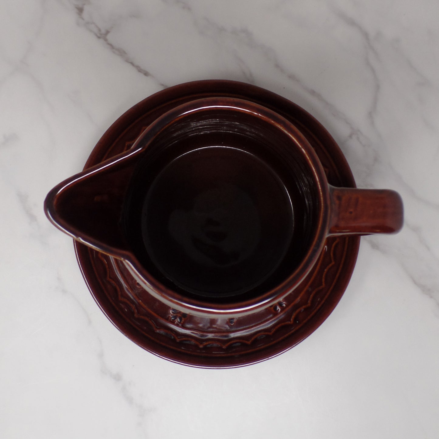 Vintage Marcrest Ceramic Pitcher and Underplate, Brown Daisy and Dot (1950s)