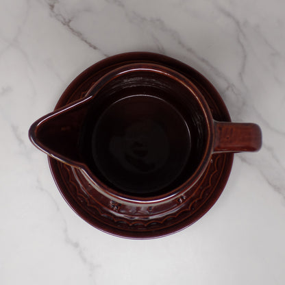 Vintage Marcrest Ceramic Pitcher and Underplate, Brown Daisy and Dot (1950s)