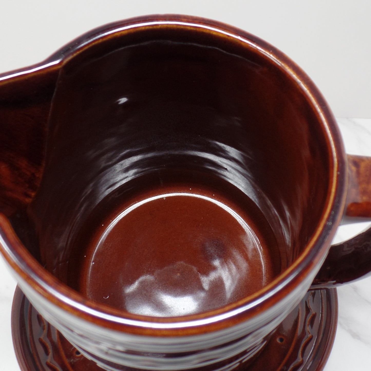 Vintage Marcrest Ceramic Pitcher and Underplate, Brown Daisy and Dot (1950s)